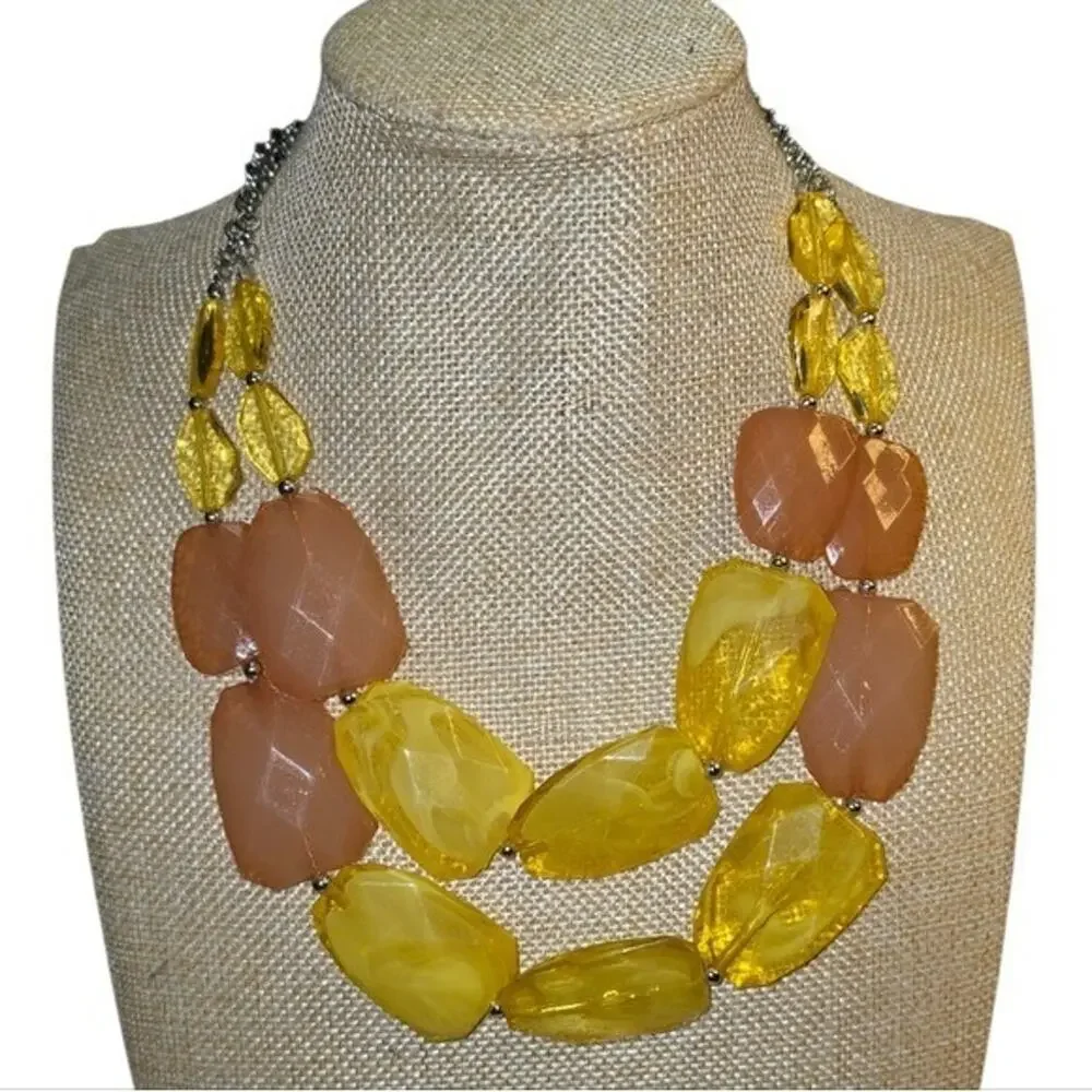 Treska Yellow Peach Chunky Faceted Bead Double Strand Statement Bib Necklace New